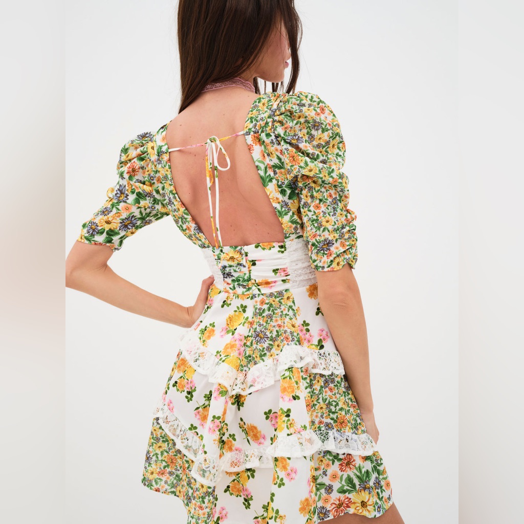 Nwt For Love And Lemons Rosalyn Mini Floral Dress In Marigold (Size L)